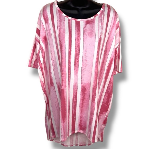 Small LuLaRoe Pink White Stripes Print Short Sleeve Top Oversized Fit Stretch - Picture 1 of 12